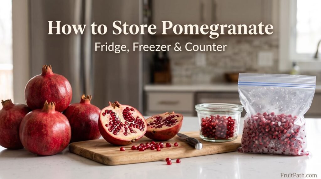 Whole pomegranates, fresh pomegranate seeds, and frozen arils showing how to store pomegranates on the counter, in the fridge, and in the freezer