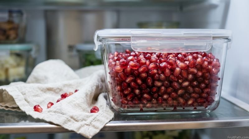 Fresh ruby-red pomegranate seeds in a transparent airtight container prepared for refrigerator storage. FruitPath.com.