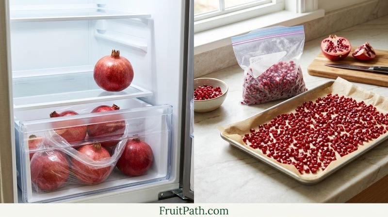Whole pomegranates stored in a produce bag in a refrigerator crisper beside pomegranate seeds arranged on a tray and packed in a freezer bag.