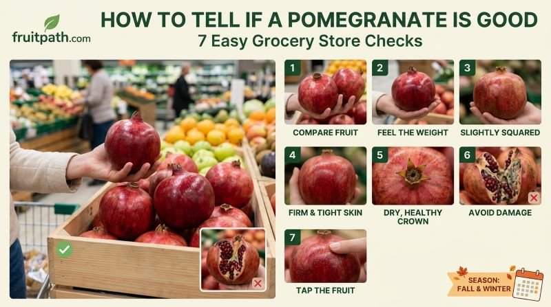 Shopper checking pomegranates at a grocery store for firm skin, heavy weight, healthy crowns, and signs of damage.