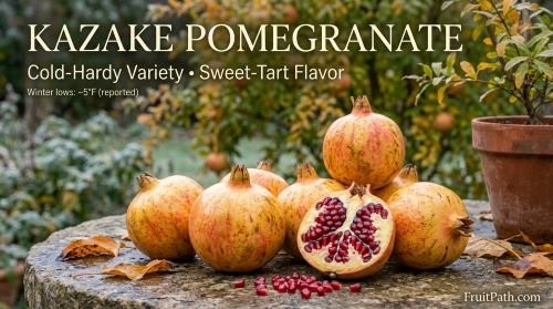 Kazake pomegranate with yellow-orange skin, deep red arils, and a cold-climate garden background.