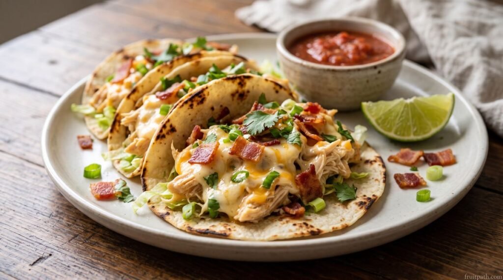 Keto crack chicken tacos filled with creamy shredded chicken, melted cheddar cheese, crispy bacon, green onions, and fresh lettuce in low-carb tortillas.