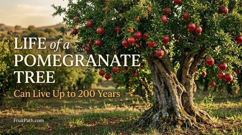 Life of a Pomegranate Tree showing a mature, fruit-bearing tree with a thick trunk, green foliage, and ripe red pomegranates.