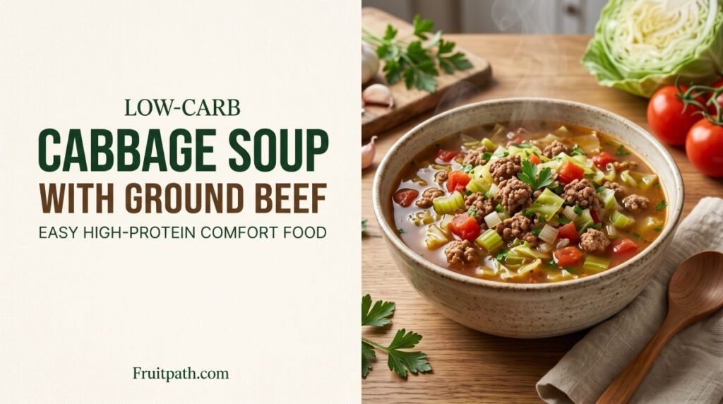 Bowl of low-carb cabbage soup with ground beef, tomatoes, celery, and fresh parsley,