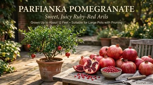 Parfianka pomegranate with large ruby-red arils and a potted pomegranate shrub on a garden patio.