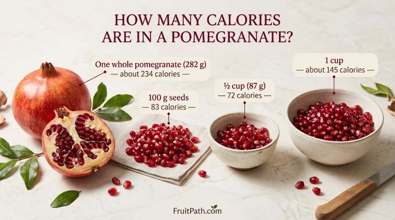 Whole and cut pomegranate with bowls of red seeds and an infographic showing calories per 100 grams, half cup, full cup, and whole fruit.