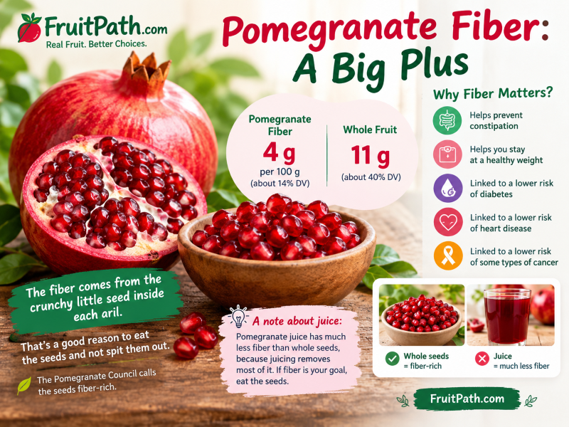 Pomegranate fiber benefits infographic showing fresh pomegranate seeds, fiber content, health benefits, and comparison with pomegranate juice.