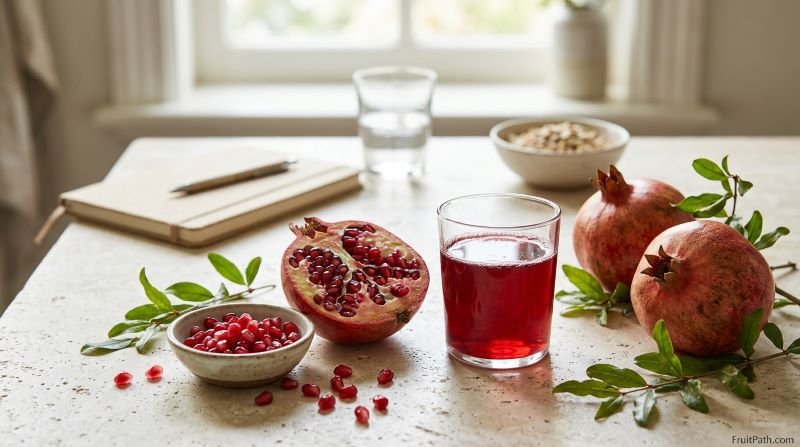 Fresh pomegranate fruit, ruby-red seeds, and a glass of juice illustrating pomegranate nutrition and potential health benefits.