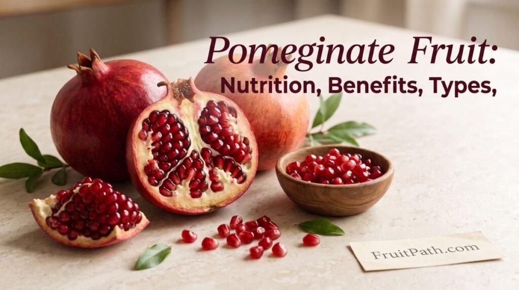 Fresh whole and cut pomegranates displaying ruby-red edible seeds for a pomegranate nutrition and benefits guide.