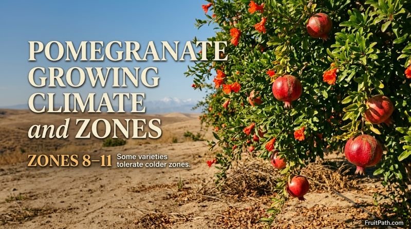Pomegranate Growing Climate and Zones showing a fruiting pomegranate tree in a sunny, dry orchard with ripe red fruit.