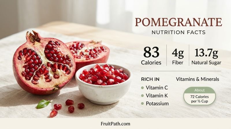 Fresh pomegranate cut open beside a bowl of red seeds, with nutrition facts highlighting calories, fiber, natural sugar, and vitamins.