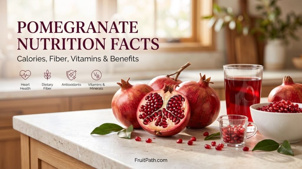 Fresh pomegranate cut open with ruby-red seeds, whole pomegranates, and a glass of pomegranate juice illustrating nutrition facts and health benefits.