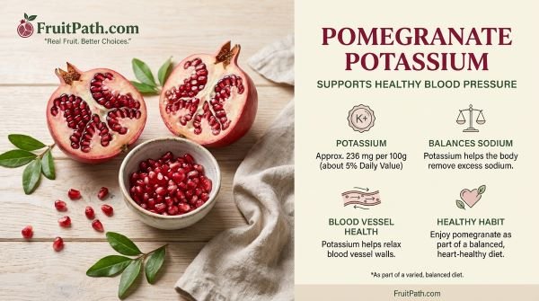 Pomegranate potassium infographic showing potassium content and its role in sodium balance and healthy blood pressure.