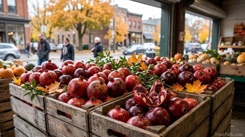 Fresh imported pomegranates displayed at a Canadian produce market during the autumn season.