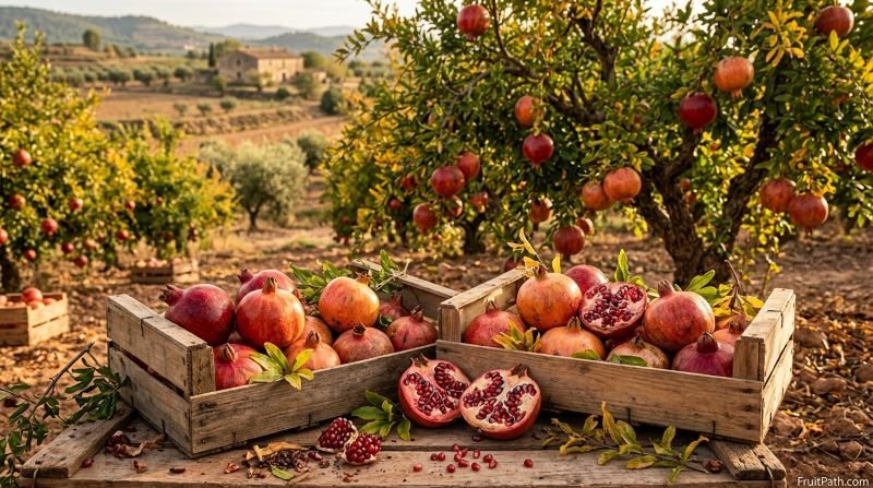 Pomegranates ripening on trees and freshly harvested fruit in a Spanish orchard during Europe’s autumn pomegranate season.