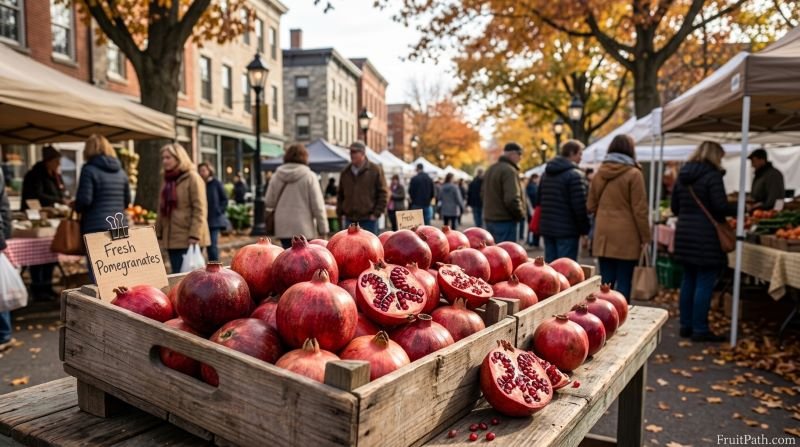 Fresh pomegranates displayed in a northeastern farmers market during the autumn shopping season.