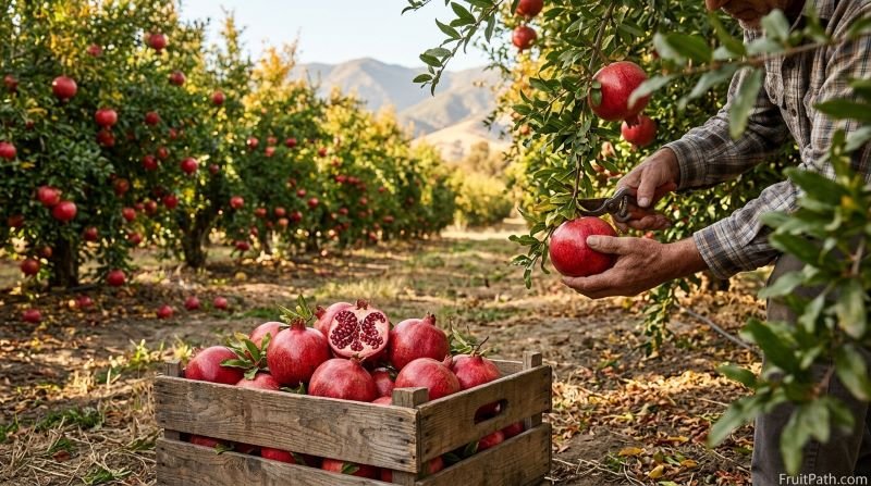 Ripe red pomegranates growing on trees in a California orchard during the autumn harvest.