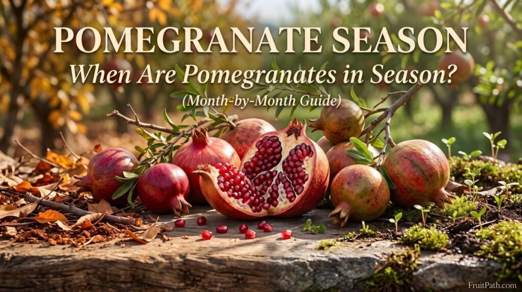 Ripe pomegranates on fruiting branches with a cut pomegranate showing ruby-red seeds during harvest season.