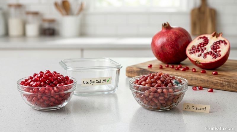 Fresh ruby-red pomegranate seeds beside spoiled seeds with visible blue-green mold, illustrating how to check for spoilage.