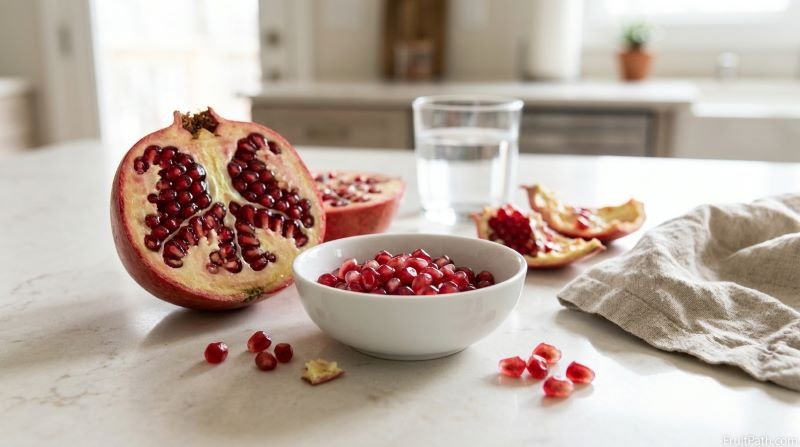 Fresh pomegranate seeds in a bowl beside a cut pomegranate, illustrating possible side effects and safe eating tips.