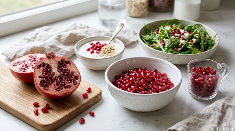 Pomegranate seeds served with Greek yogurt, oats, and salad as nutritious options for a balanced weight-loss diet.
