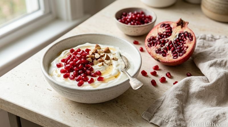 Plain Greek yogurt topped with fresh pomegranate seeds and chopped nuts beside a ripe, cut pomegranate.