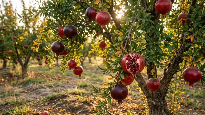 Ripe red pomegranates hanging from a pomegranate tree among green and golden autumn leaves.