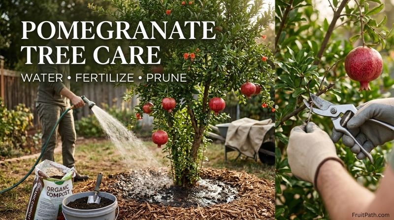 Pomegranate Tree Care showing watering, fertilizing, and pruning around a healthy fruit-bearing pomegranate tree.
