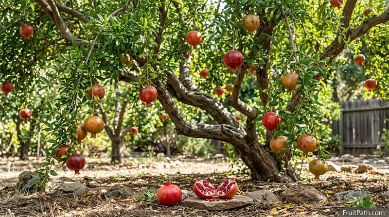 Pomegranate tree growing in a sunny orchard with green leaves and ripe red pomegranates.