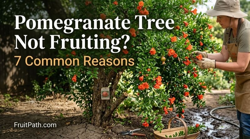 Pomegranate Tree Not Fruiting with orange-red flowers but very few developing fruits on a green leafy tree.