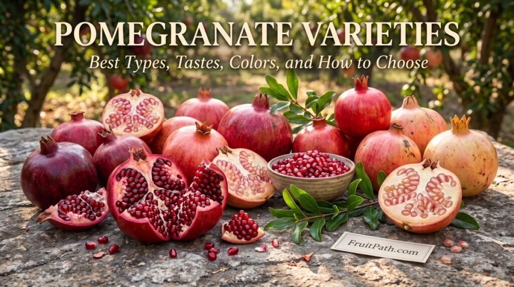 Different pomegranate varieties showing deep-red, pink, and pale skins with colorful edible arils.