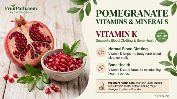 Pomegranate vitamin K infographic highlighting its role in normal blood clotting and bone health.