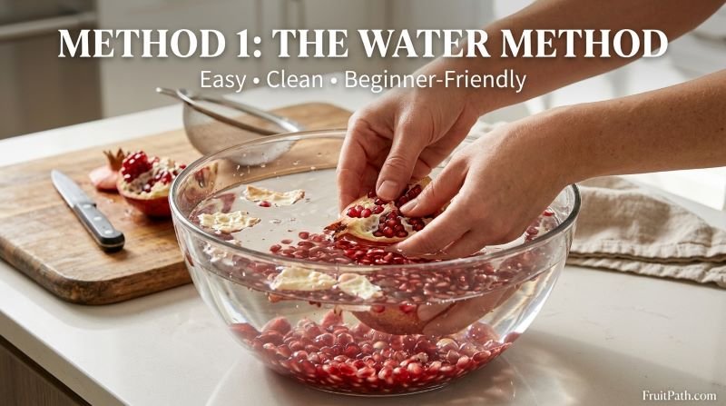 Removing pomegranate seeds underwater in a glass bowl, with red arils sinking and white pith floating.