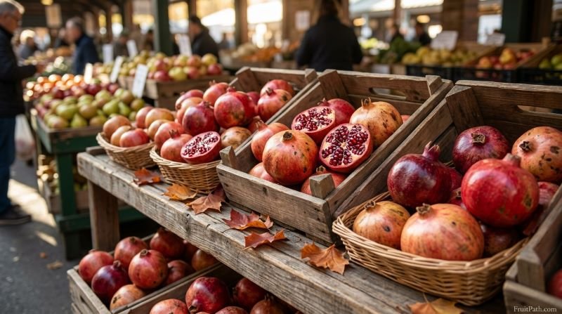 Fresh red pomegranates arranged in market crates, with cut fruit revealing ruby-red seeds.