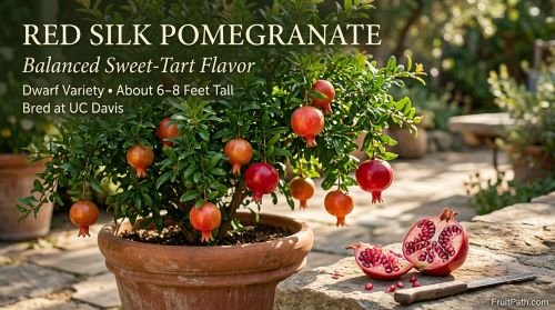 Red Silk dwarf pomegranate plant with ripe red fruits and a cut-open pomegranate showing juicy pink-red arils.