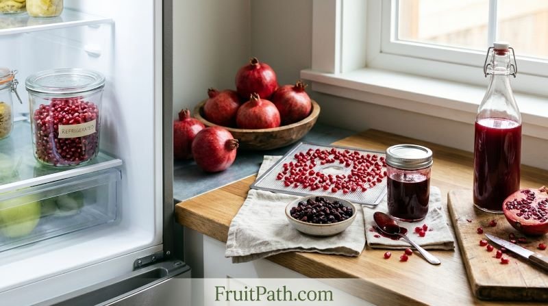 Fresh pomegranate seeds in an airtight container, dried seeds, pomegranate syrup in a glass jar, fresh juice, and whole pomegranates