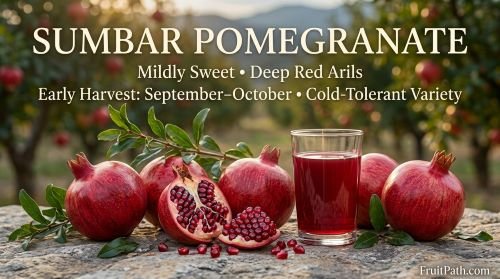Sumbar pomegranate with vibrant red skin, deep red arils, and a glass of freshly pressed red juice.