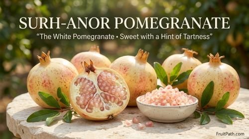 Surh-Anor white pomegranate with pale yellow-pink skin and translucent, pale pink arils.