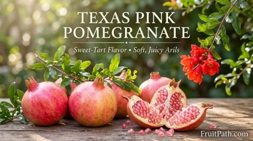 Texas Pink pomegranate with bright pink skin, soft juicy arils, and red flowers on a leafy branch.