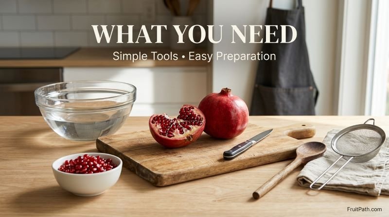 Kitchen tools for cutting a pomegranate, including a paring knife, cutting board, bowl of water, wooden spoon, and strainer.