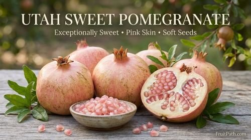 Utah Sweet pomegranate with pink skin, pink juicy arils, and notably soft seeds.
