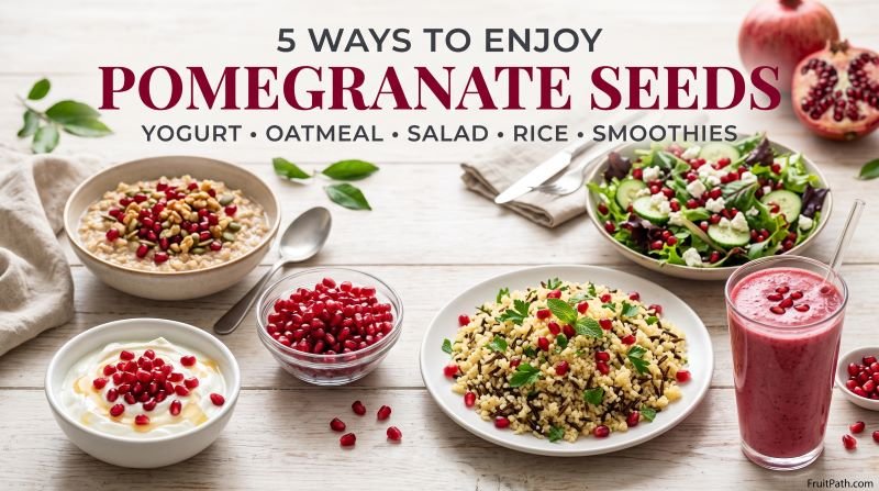 Five ways to enjoy pomegranate seeds in yogurt, oatmeal, green salad, rice, and smoothies.