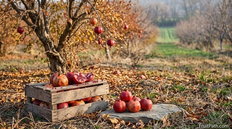 Ripe pomegranates in an autumn orchard as the harvest season comes to an end.