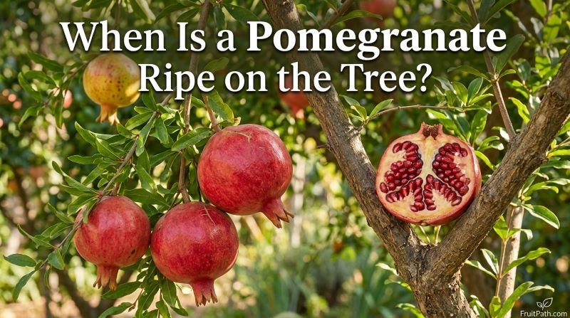 Deep red ripe pomegranates growing on a tree beside a cut fruit showing juicy ruby-red arils.