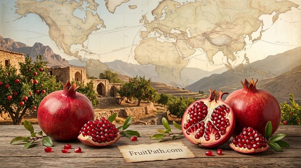 Ripe pomegranates displayed in front of a sunlit orchard and a vintage world map illustrating their ancient origins and global spread.