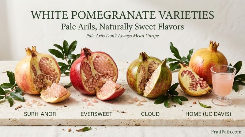 Four white pomegranate varieties—Surh-Anor, Eversweet, Cloud, and Home—with pale pink or nearly clear arils and varied skin colors.