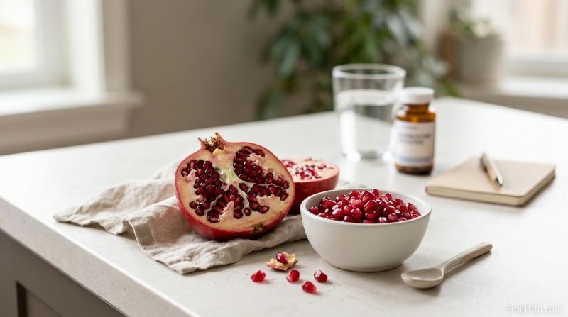 Fresh pomegranate seeds beside a cut pomegranate, illustrating precautions for people with allergies, digestive issues, or medication concerns.